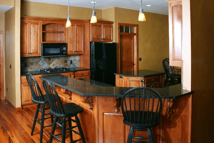 Cherry red cabinets in kitchen