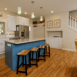 blue custom dimensions bar stools from left close up