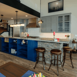 Blue Cabinets with brown countertop 